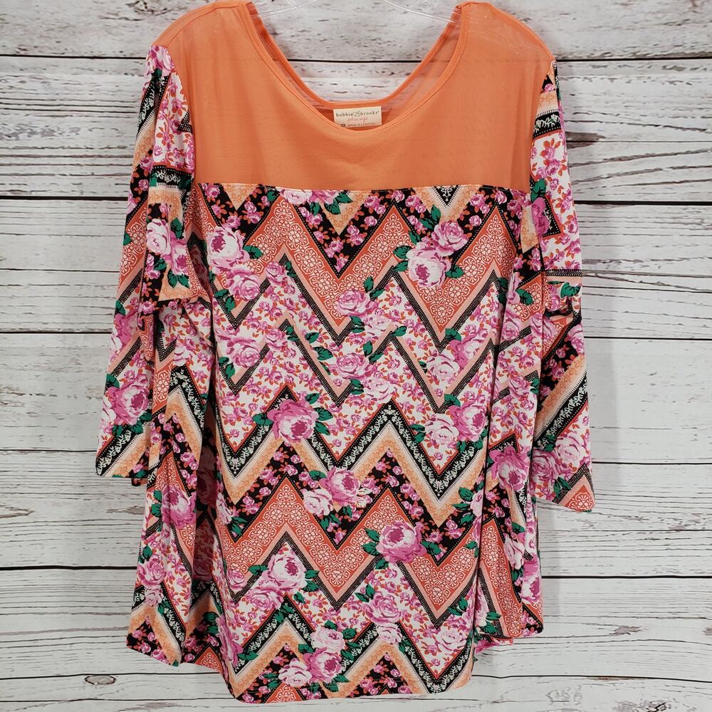 Bobbie Brooks Plus Size Orange Floral Chevron 3/4 Sleeve Top Size 2X